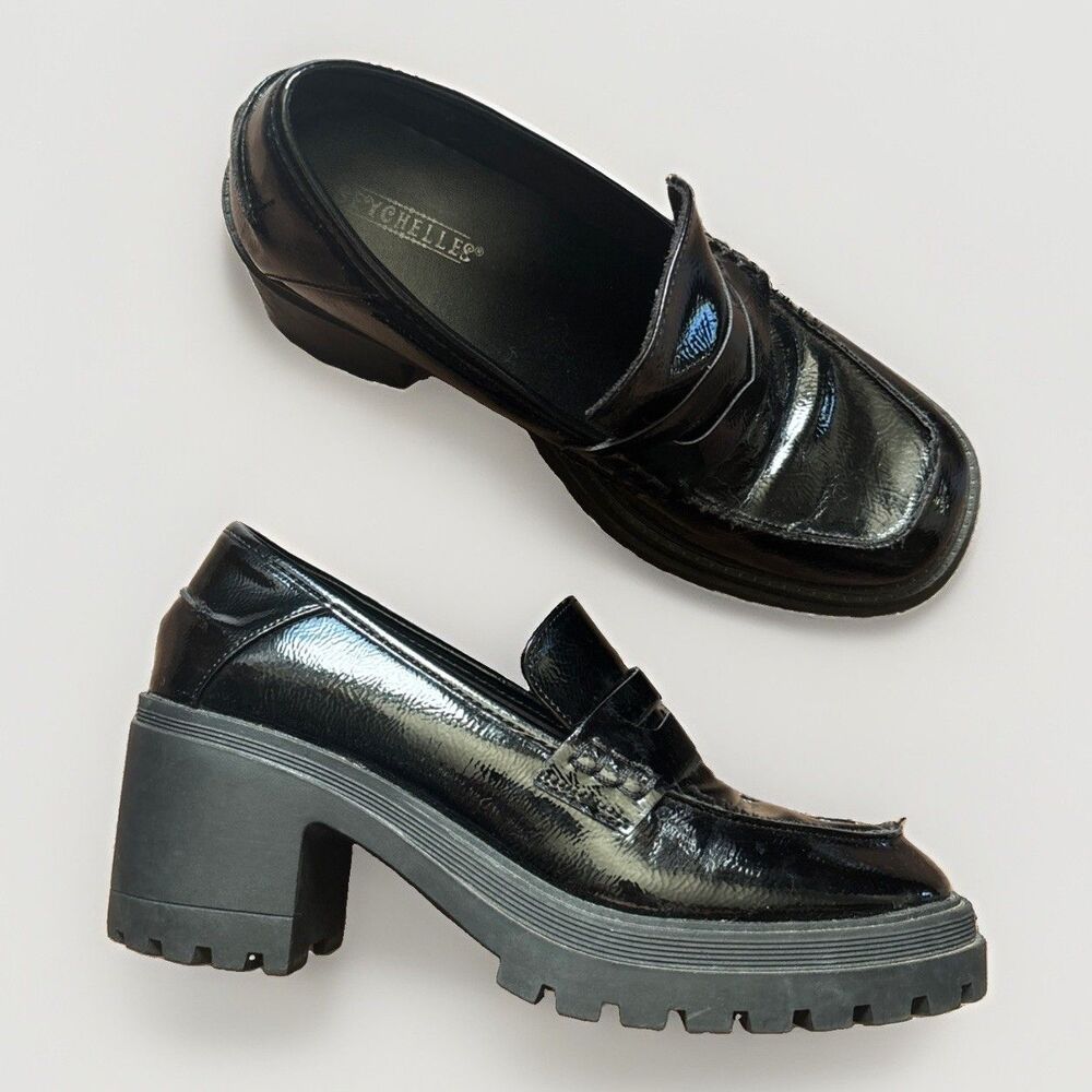 Seychelles Black Faux Patent Leather Slip-On Loafers Platform Chunky Heel 8.5